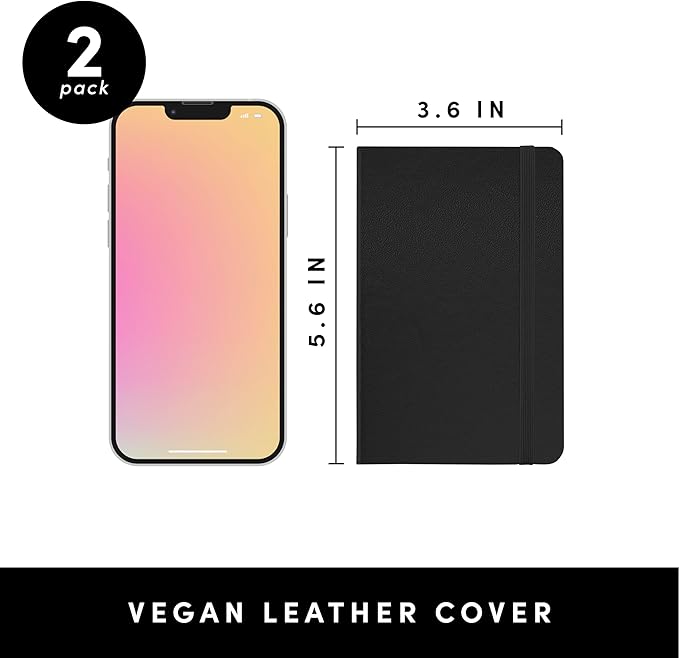 PAPERAGE Lined Pocket Journal Notebook, 2 Pack, (Black), 160 Pages, Small Notebook, 3.6 inches x 5.6 inches - 100 GSM Thick Paper, Hardcover