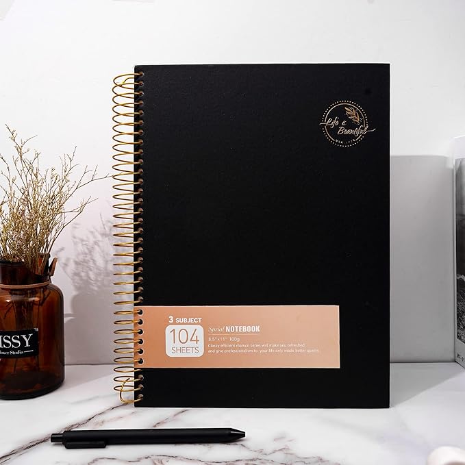 8.5 x 11 Large Spiral Notebook 3 Subject Spiral Notebook Hardcover Spiral Notebook for note taking 120 Sheets College Ruled Journal for School Office Supplies Writing Journal,Black