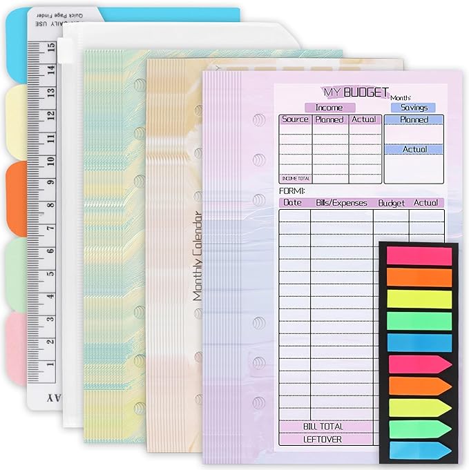 A6 Binder Planner Inserts, Monthly Weekly Planner Refills Budget Sheets, Colored Index Stickers, Binder Pockets and Today Ruler, Index Paper Divider, for A6 Binder Planner Accessories(6 Hole)