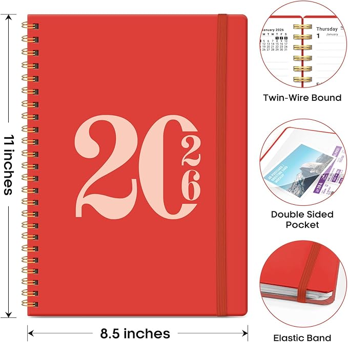 2026 Planner, Weekly and Monthly Calender Planner, Jan 2026 to Dec 2026, Hardcover 2026 Calendar Book with Tabs & Inner Pocket, Office Home School Supplies for Women & Men - A4 (8.5" x 11"), Tomato Red