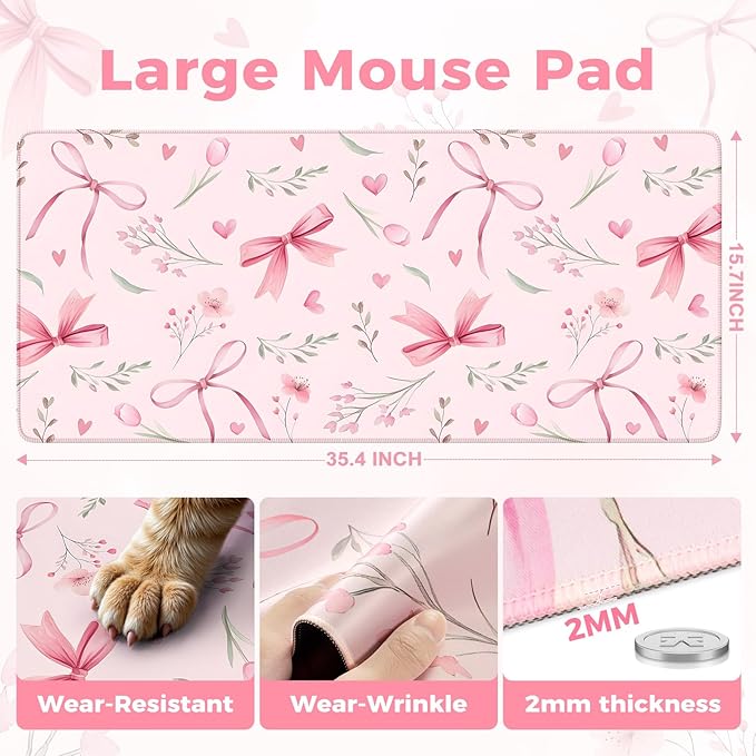 iCasso Pink Desk Mat,Cute Desk Pad for Women,Girly Bow Mousepad with Stitched Edges,Non-Slip Large Computer Mat for Study Gaming Home Office