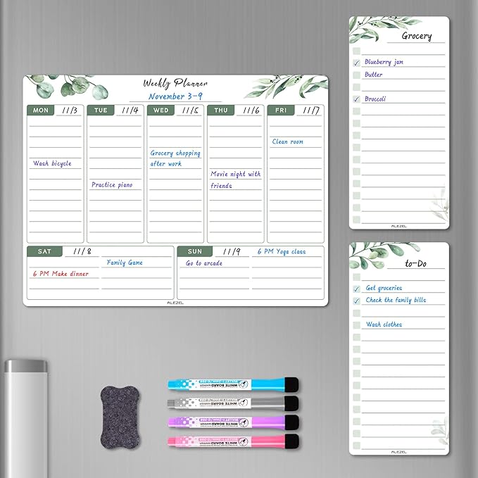 Magnetic Weekly Dry Erase Board for Fridge, Greenery Weekly Calendar Whiteboard Set for Refrigerator - Magnetic Weekly Calendar Planner with 2 List Boards, 4 Markers + Eraser
