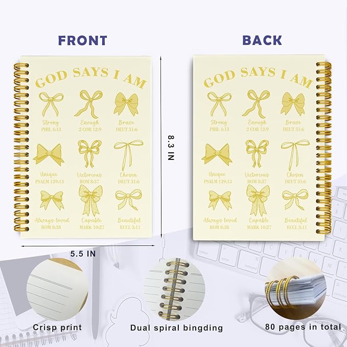 THDSE Bible Journal for Women, Christian Prayer Journal Notebook Gifts for Teen Girls Kids, Bible Study Supplies, Cute Bows Church Faith Journaling Hardcover Spiral Notebook 5.5 X 8.3(Baby Yellow)
