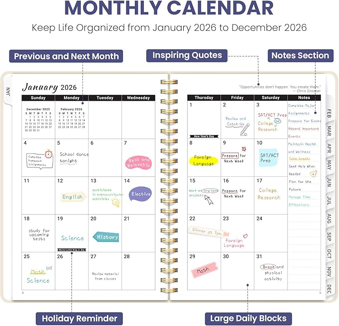 2026 Planner, Weekly and Monthly Planner for Women, Jan 2026 - Dec 2026 Pretty 2026 Calendar Planner with Monthly Tabs, Inner Pocket, Spiral Binding, Perfect for Office Home School - 6.3" x 8.5", Folk Bloom