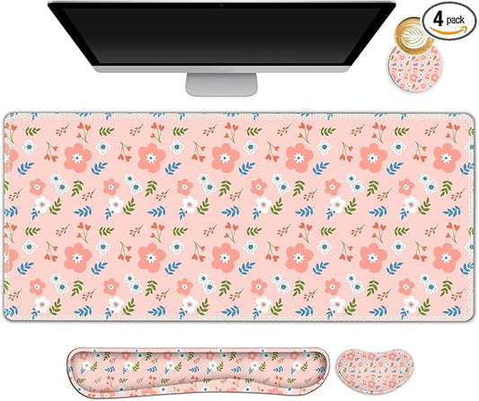 Large Gaming Mouse Pad Set, 4 in1 Ergonomics Keyboard Desk Mat with Memory Foam Wrist Rest, Computer Extended Game Mousepad, Non-Slip Desk Pad Matt Easy Typing Pain Relief I Retro Pastel Style