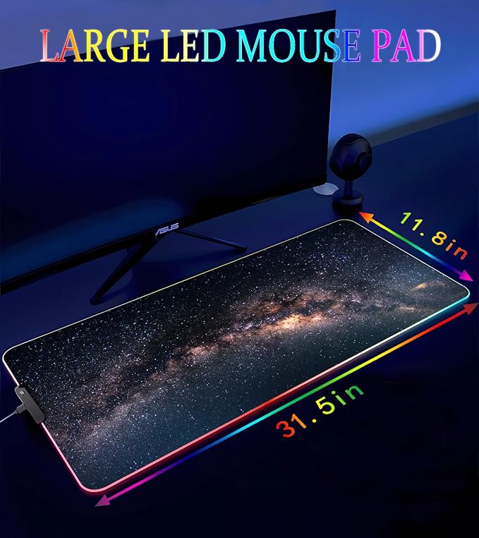 RGB Gaming Mouse Pad, Large Mousepad with Led Light, Keyboard Pad Gaming Accessories for Desk, Non-Slip Rubber Base Big Mouse Mat for Gamer, 31.5 X 11.8 Inch, Galaxy