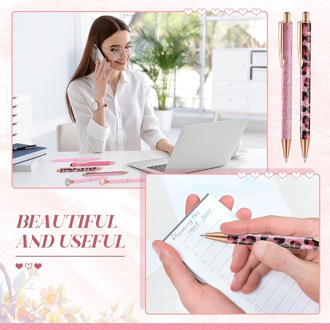 6 Pcs Ballpoint Pens Set Metal Crystal Diamond Pen for Journaling Glitter Pretty Cute Stationery Black Ink Fancy Gifts for Women Girls Teacher Office Wedding School Supplies(Pink Series)