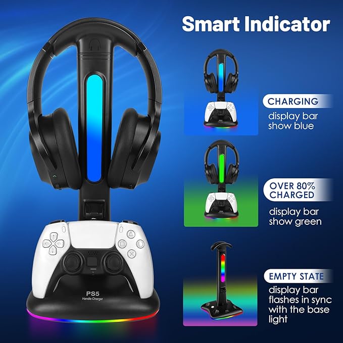 PS5 Controller Charger with RGB Headphone Stand, PS5 Controller Charging Station with 2 USB Port, Headset and Controllers Stand Holder for PlayStation 5, Gaming Gifts for Gamers Men