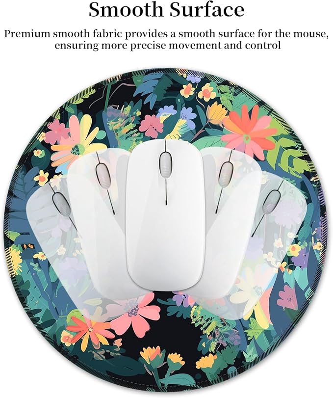 Floral Black Cat Mouse Pad for Desk, Small Cute Mousepad with Non-Slip Base, Round Travel Mouse Pads for Wireless Mouse Laptop, Computer Mouse Mat for Gaming Home Office Desk Accessories