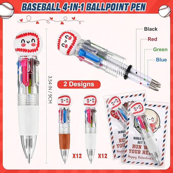 Colarr 24 Set Baseball Valentines Gifts Multicolor Pens with Positive Cards for Valentines Day Party Favors Classroom Prizes Students Baseball Team Goodie Bags Stuffers 4 in 1 Ballpoint Pens