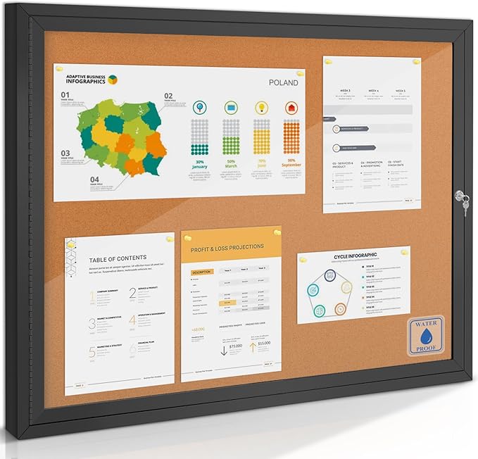SWANCROWN Outdoor Bulletin Board 37x28in, Enclosed Bulletin Board with Locking Door Wall Display Case for Office School Commerce, Cork, Black Aluminum Frame (8xA4)