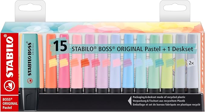 STABILO Highlighter BOSS ORIGINAL Pastel - Deskset of 15 - Assorted Colors Chisel Tip, Anti-Dry Out Technology