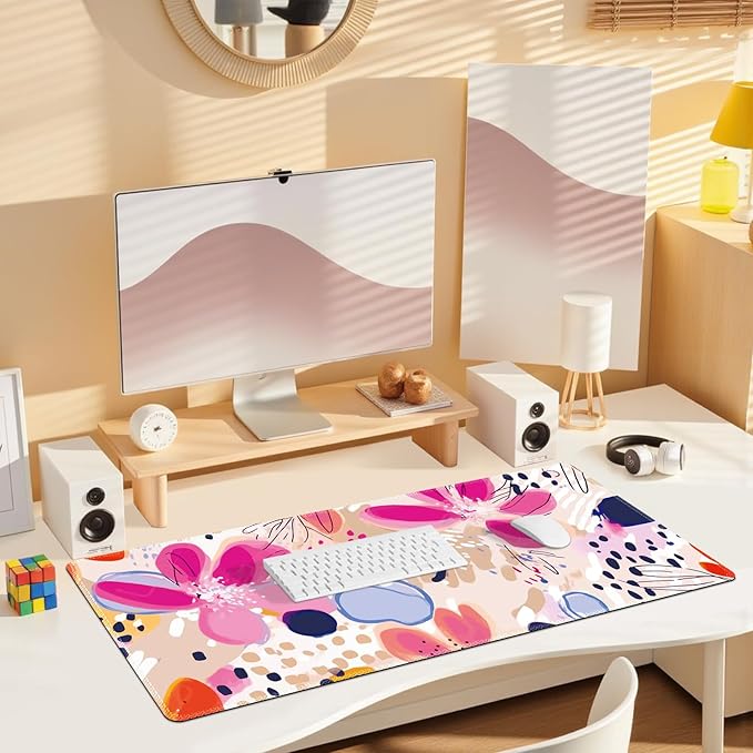 Desk Pad Mouse Pad, Large Gaming Mouse Mat with Stitched Edges, Non-Slip Waterproof Rubber Base Mous Mat for Office Computer Keyboard Laptop Home Decor Women (35.4X17.5 in), Apricot Magenta Flower