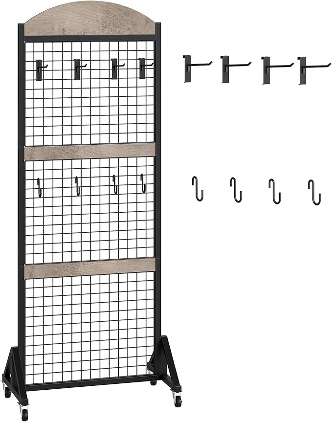 Grid Wall Panel 5.7’ x 2’ FT Grid Display Rack, Movable Gridwall Display Stand with Wheels, Floorstanding Wire Grid Rack with 4 S-Shaped Hooks and 4 Garment Hooks, Greige and Black TCJ17BG