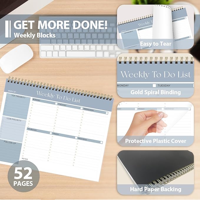 Weekly To Do List Notepad, Undated Planner with 52 Sheets (8.5''x11''), Desk Weekly Planner for Women & Man, Home School & Work (Pack of 2)