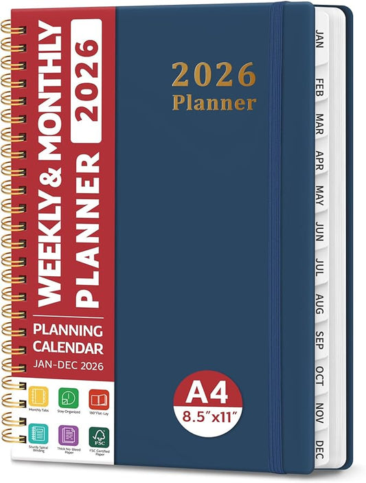 2026 Planner, Weekly and Monthly Calendar Planner, January 2026 - December 2026, Hardcover 2026 Calendar Book with Tabs For Women & Men, Inner Pocket, Spiral Bound, Perfect for Office Home School Supplies - A4 (8.5" x 11"), Navy