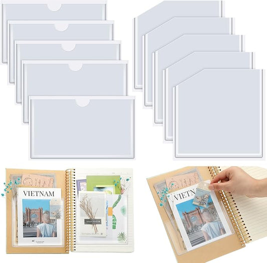 Junkin 10 Pcs Adhesive Pockets for Planners Index Card Pockets Planner Accessories Folder Self Sticky Clear Ideal Holder Top Open Add Storage Space to Notebooks Journal Office School Vinyl, 2 Styles