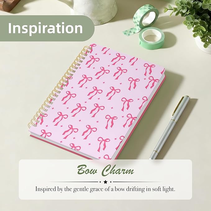Stanoha Cute Spiral Notebook A5 Journal for Women Girls Kawaii Aesthetic Pretty Floral Design with Pocket, 8.5 x 5.7 inch, Graph, Bow