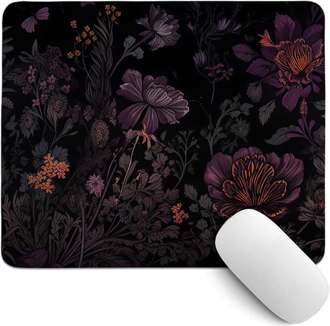 Dark Cottagecore Mouse Pad,Black Floral Mouse Pads,Vintage Wildflower Desk Mat Purple Botanical Desk Mat for Home Office Dorm Desktop Decor,10.2x8.3 Inch