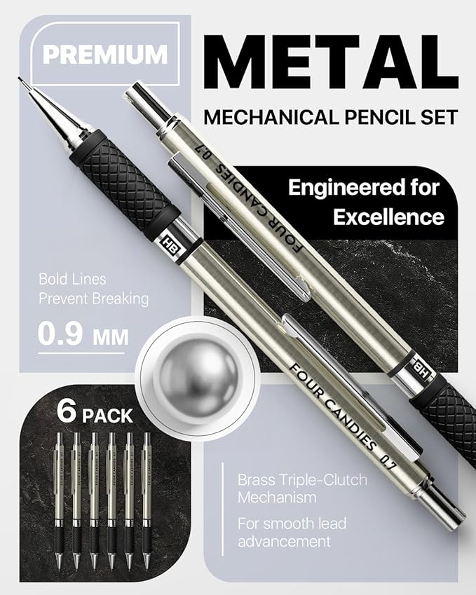 Metal Mechanical Pencil Set - 6PCS 0.9mm Art Mechanical Pencils & 360PCS HB Lead Refills & 3PCS Erasers & 9PCS Eraser Refills, Drawing Mechanical Pencils for Writing, Sketching -With Case