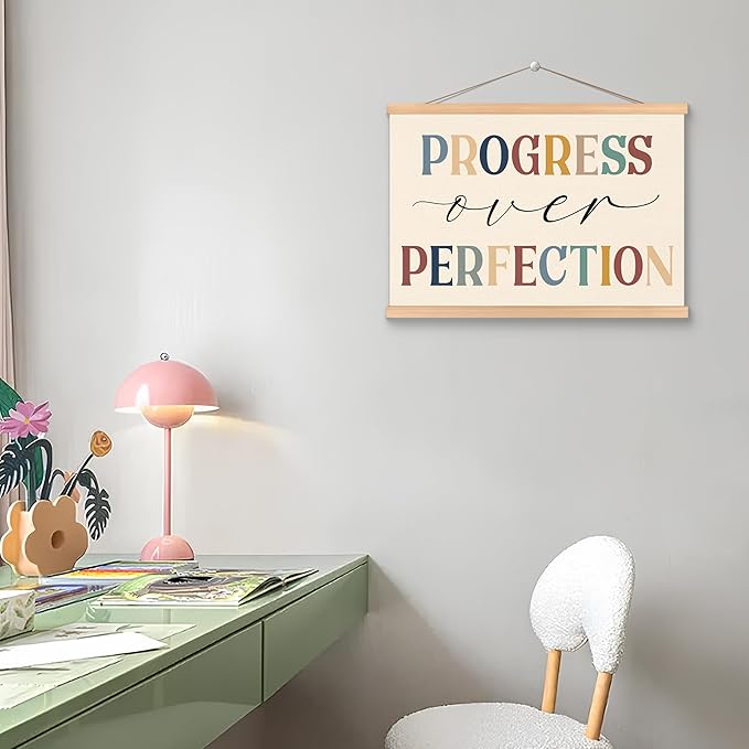 ROXMART Boho Mental Health Poster Hanger Frame, Motivational Wall Decor, Progress Over Perfection Positive Affirmation Wall Art Prints Decor for Therapy Office Classroom, 12x16 Inch