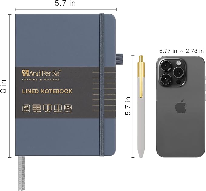 &And Per Se Lined Journal and Pen Set, A5 Leather Hardcover Notebook with Pen & Stationary Set, 160 Pages 100GSM Thick Ruled Paper Journal for Business Work Writing (Dark Blue)
