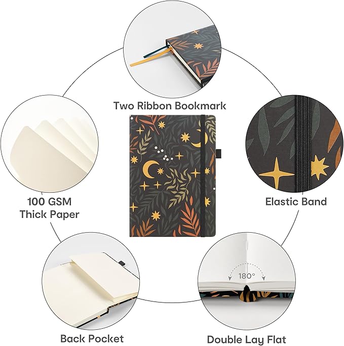 &And Per Se Dotted Journal Notebook, A5 Hardcover Bullet Dotted Journal, 160 Pages 100 gsm Thick Paper, 3 Sheets of Stickers Included - 5.7'' x 8'' (Lunar Leaf)