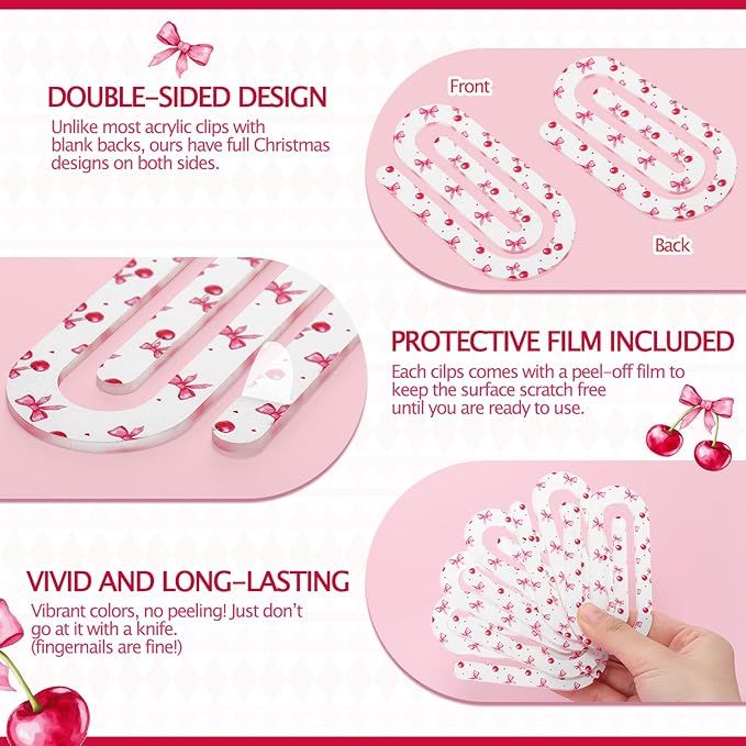 Tinlade 12 Pcs Cherries Bow Jumbo Acrylic Paper Clips 4 x 2 Inch Giant Cute Red Paperclips for Teachers Students Classroom Office Bookmark Gift Desk Home Accessories Book Lovers