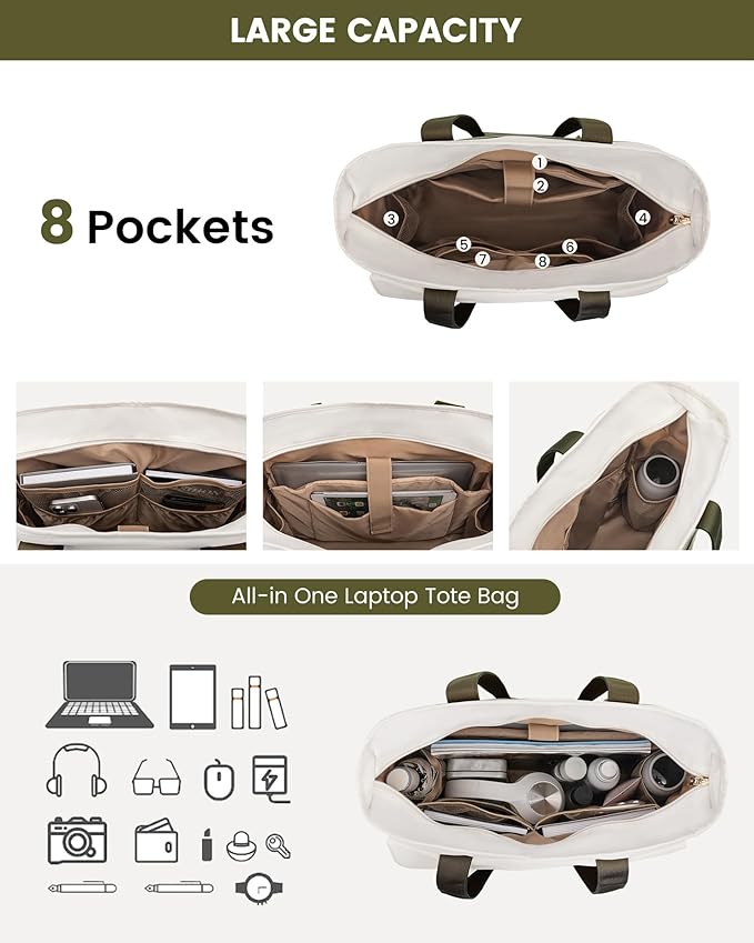 LOVEVOOK Upgrade Version Work Bags for Women 15.6 Inch Laptop Bag Large Capacity Mutiple Pockets Teacher Bag Water Resistant Canvas Tote Bag Purse for Office Travel College Nurse Teacher, Green Beige