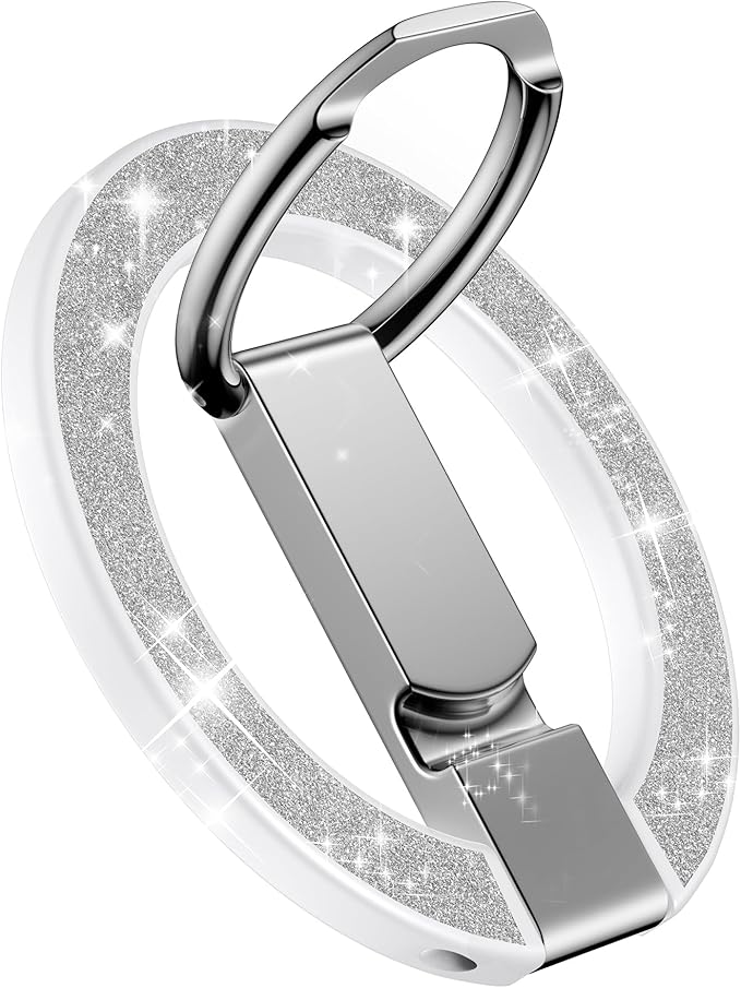 AILKIN Magnetic Phone Stand with Ring Holder for iPhone 17 Pro Max, MagSafe Finger Ring Magnet Grip, Adjustable Kickstand Loop for Phone Case, iPhone Stand Grip, Samsung Holder Kickstand-Silver Bling