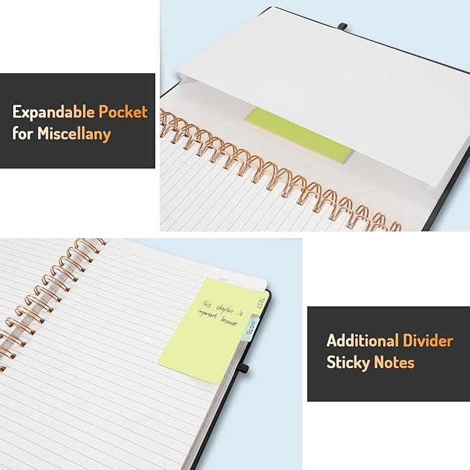 Forvencer Lined Spiral Journal Notebook with 300 Numbered Pages, B5 College Ruled Thick Journals for Writing with 100GSM Paper, Hardcover Notebooks with Contents for Work, School, Women, Men, Black