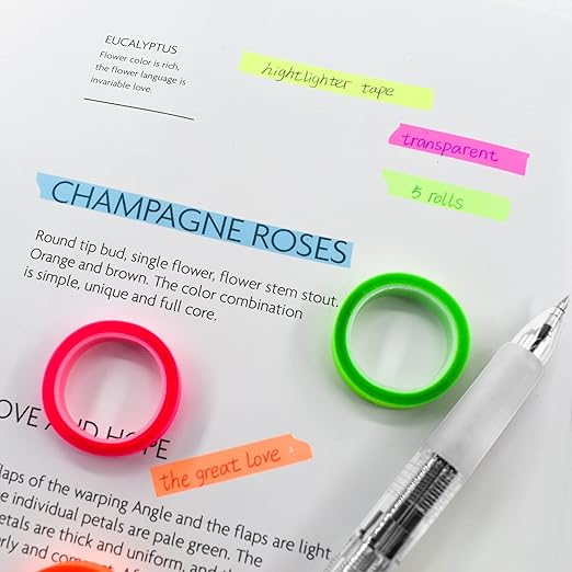VANRA 5 Rolls Highlighter Tape Transparent Marking Sticker Removable Fluorescent Colored Tags for Reading Class, 16 ft Per Roll