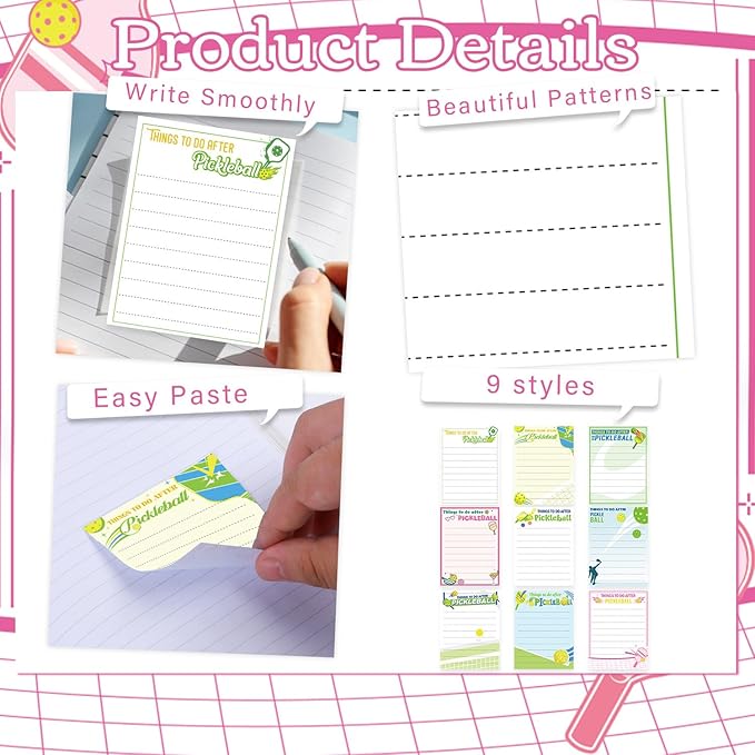 Pickleball Sticky Notes Gifts - 9 Pack Funny Pickleball Memo Notepads 3x4 Inches, Cute Sport Themed Self-Adhesive Mini Pads, Office School Supplies for Coworkers Students (450 Sheets)