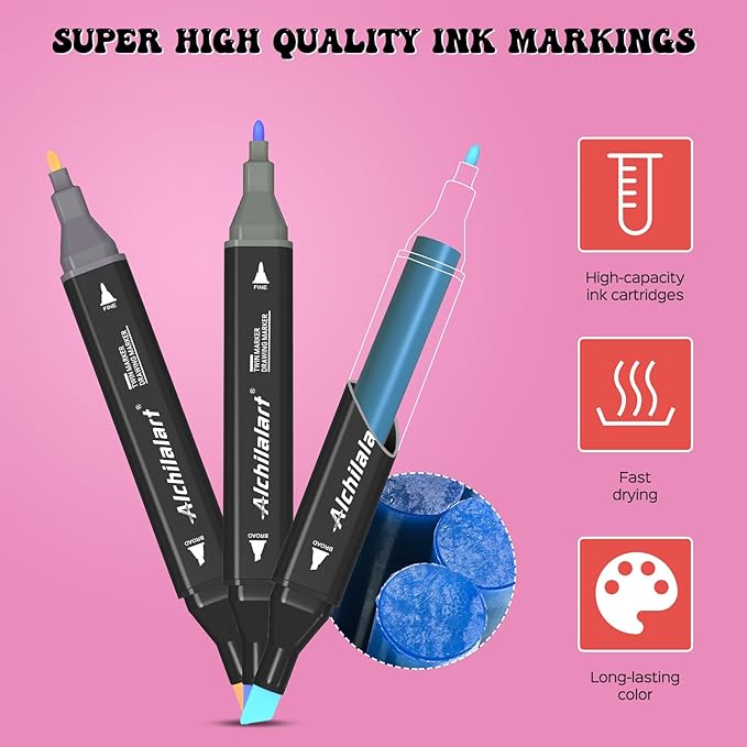 alchilalart 48 Colors Alcohol Based markers, Alcohol Markers Set, Dual Tip Alcohol Sketching Drawing Markers Animation for Adults Kids