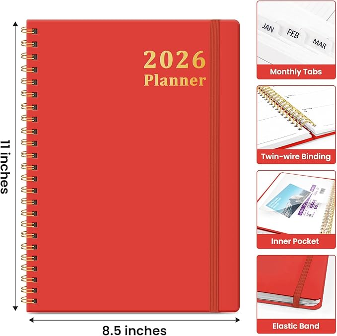 2026 Planner, Weekly and Monthly Calendar Planner, January 2026 - December 2026, Hardcover 2026 Calendar Book with Tabs For Women & Men, Inner Pocket, Spiral Bound, Perfect for Office Home School Supplies - A4 (8.5" x 11"), Tomato Red