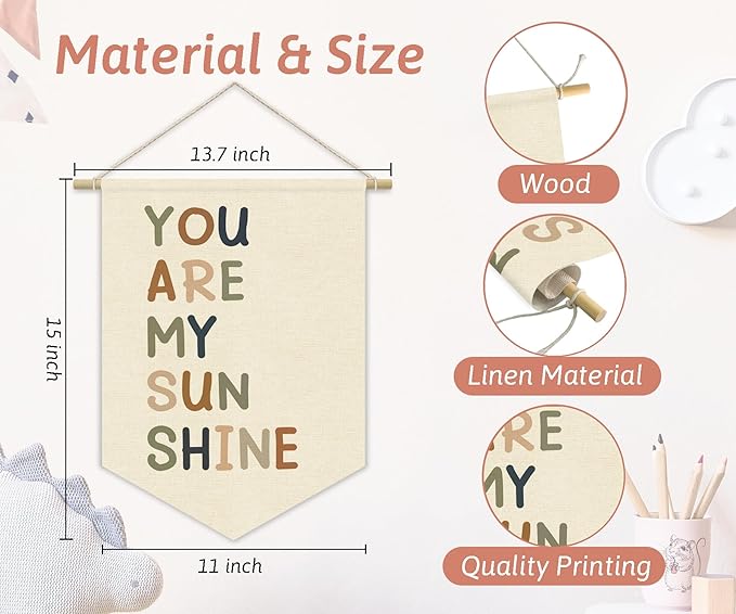 Nursery Decor,You Are My Sunshine Positive Affirmation Kids Wall Art Canvas Banner Wall Hanging Pennant Flag Canvas Banner for Playroom Classroom Baby Kids Bedroom 15x11in