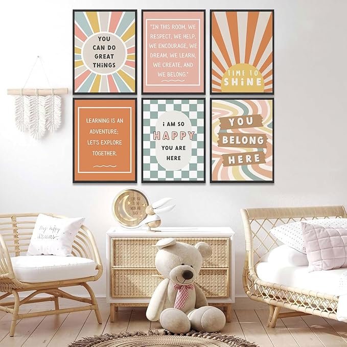 6Pcs Boho Inspirational Posters Wall Art Positive Affirmations Growth Mindset Canvas Wall Decor Pictures Modern Classroom School Posters Wall Prints for Children's Room nursery School 8x10in Unframed