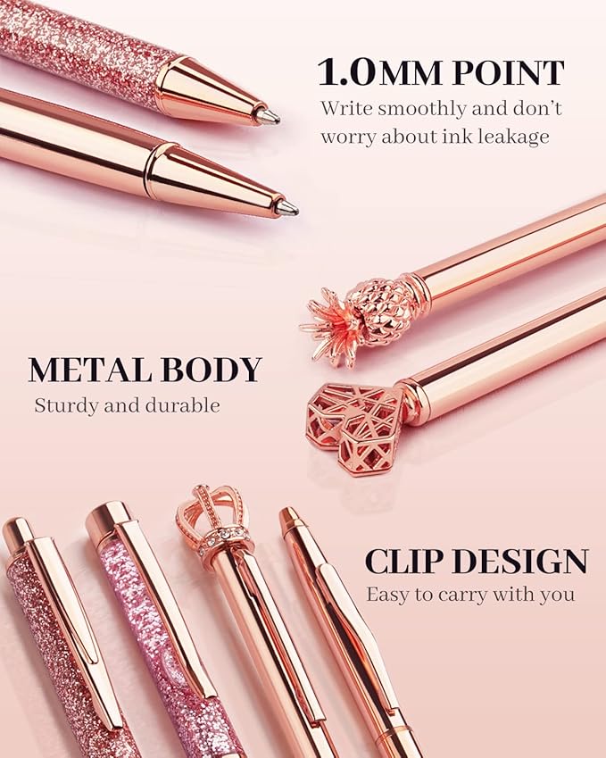 WEMATE 8Pcs Ballpoint Pens Set Metal Crystal Diamond Pen Glitter for Journaling Pen Bling in Black & Blue Ink Pretty Cute Pens Fancy Pens Mother's Day Gifts for Women Wedding School Office (Rose Gold)