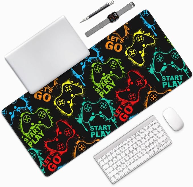 Colorful Silhouettes Game Joysticks Mouse Pads XXL Extended Mousepad with Stitched Edges Non-Slip Rubber Base Computer Keyboard Pad Desk Mat for Home Office Desk Decor, 35.4" X 15.7"