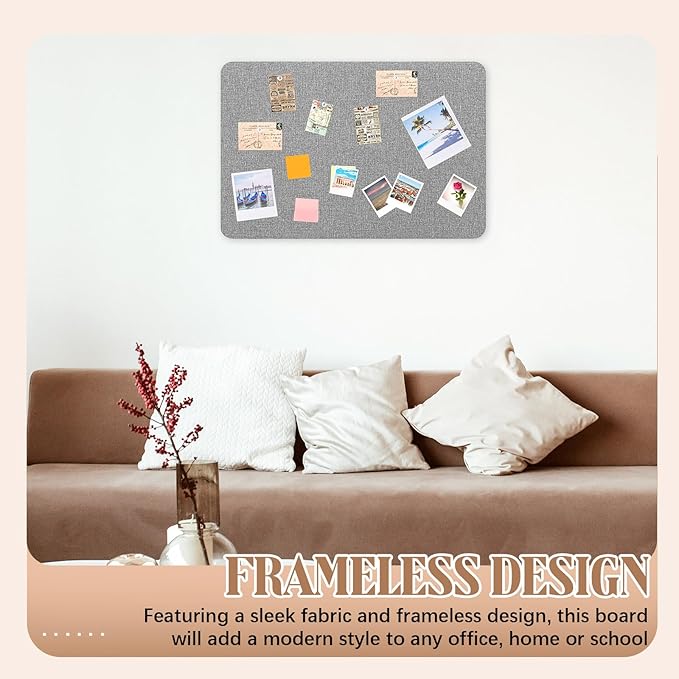 24"x 18" Linen Fabric Bulletin Board Pinboard for Walls Display Frameless Pinboard Display Notice Memory Board for Office Walls Home Kitchen Easy to Install(Grey)