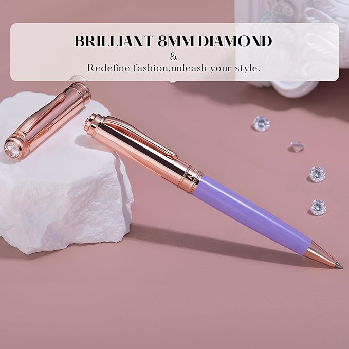 Luxury Gel Pen, Top Set With 8mm Brilliant Diamond,Stylish Purple Pen Body,Attractive Rose Real Gold Finish, Black Ink Refill,Elegant Gift Pen For Women, Unique, Fancy, Office Pens