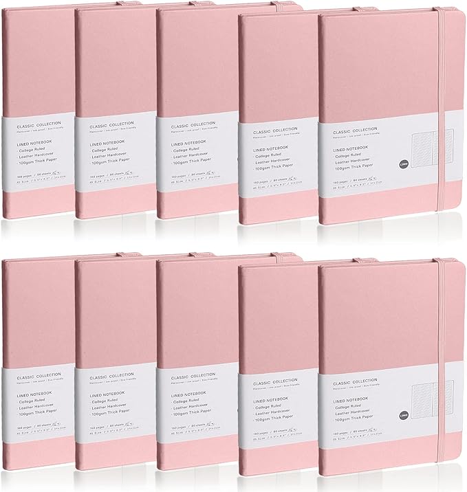 Lined Journal Notebook, 10Pack Hardcover Notebook for Men & Women – Journals for Writing, Work, School, Home & Daily Notes, 160 Pages – Medium A5, 5.7"x8", 100 gsm Thick Paper (Pink)