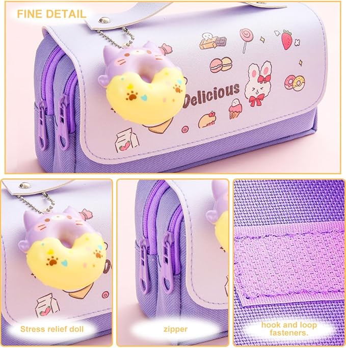 Pencil Case for Girls, Kids Large Capacity Cute Pencil Box with Compartments School Organizer Pen Pouch (Doughnut Purple)