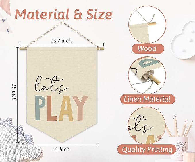 Playroom Sign Decor Let's Play Canvas Banner,Nursery Classroom Wall Art Canvas Hanging Pennant Flag Banner,Kids Room Homeschool Play Sign Wall Decor,Playroom Wall Decor Baby Room Decor 15x11in
