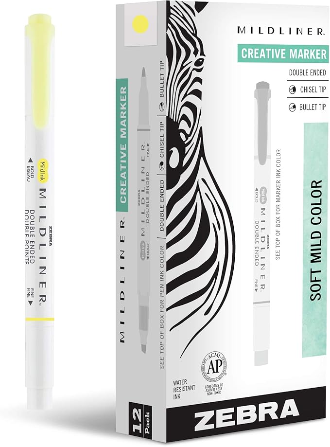 Zebra Pen Mildliner Dual-Tip Highlighters, Broad and Fine Tips, Ideal for Bible Highlighting, No Bleed, School Supplies, Teacher Supplies, and Office Supplies, Mild Yellow Ink, 12-Pack (78150upc)