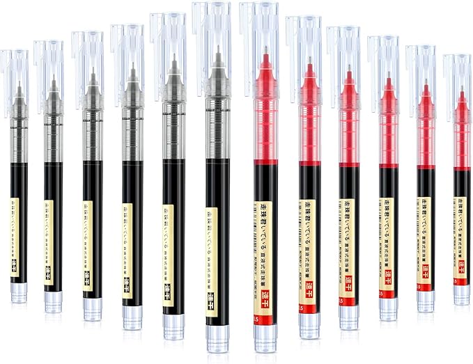 Frienda 12 Pieces Rolling Ball Pens 0.5 mm Japanese Quick Drying Fine Point Pens Liquid Ink Smooth Writing for Office Student Back to School Supplies(Black and Red)