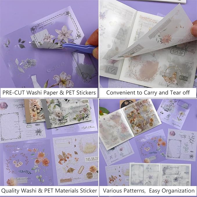 40 Sheets Sticker Book for Adults Journaling, Washi and PET Materials, Ephemera Aesthetic Stickers for Junk Journals, Bujo, Planners (Autumn & Winter)