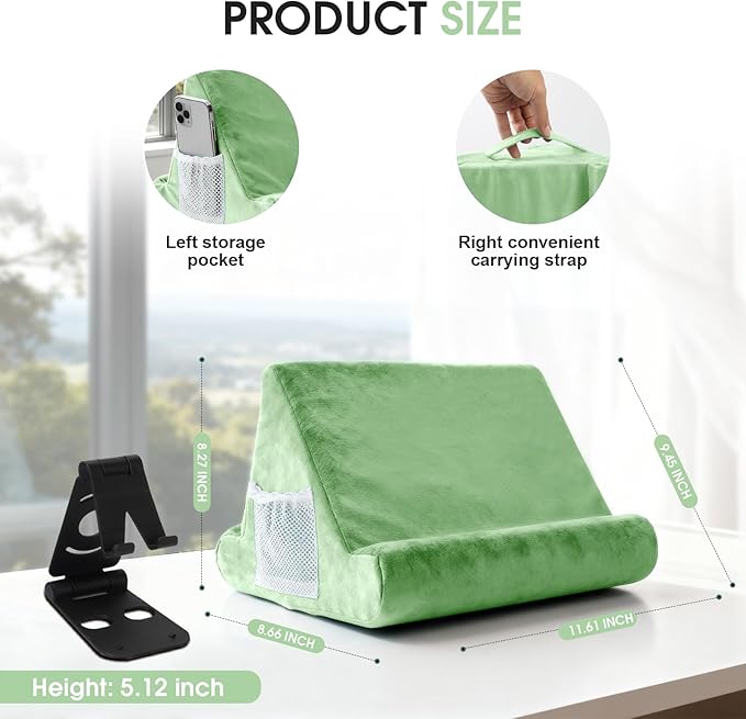 Multi-Angle Tablet Stand with Soft Pad Cushion and Net Pocket - Universal Lazy Holder for Lap, Knee, Sofa and Bed(Green)