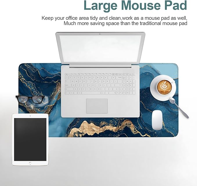 Blue Ocean Marble Extended Mouse Pad XL 31.5"x11.8" – Elegant Blue and Gold Desk Mat – Non-Slip Rubber Base, Stitched Edges