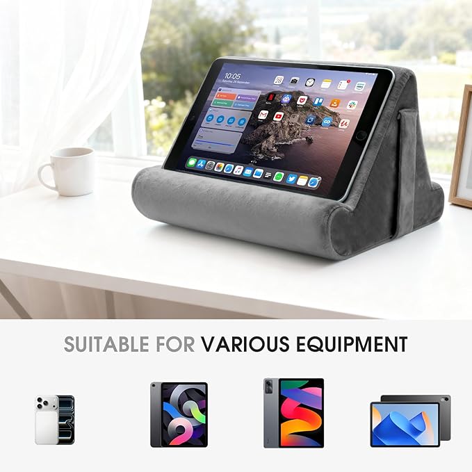 Multi-Angle Tablet Stand with Soft Pad and Net Pocket - Universal Lazy Holder for Lap, Knee, Sofa and Bed(Grey)